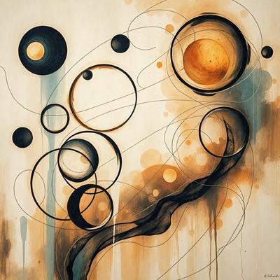 The primary subject of the image is a painting featuring a series of circles and swirls. The setting is a canvas, and the visual style is a combination of digital art and illustration. The painting has a vibrant and dynamic atmosphere, with various shades of orange and yellow, as well as other colors, creating a sense of movement and energy.